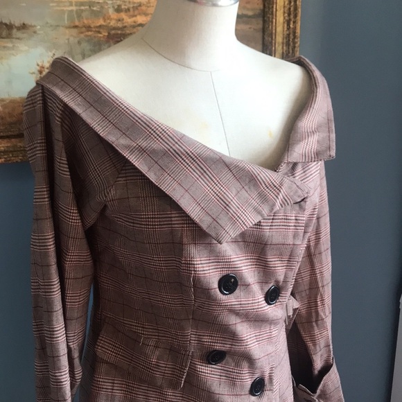 CBR brown plaid off shoulder asymmetric button front fall lightweight jacket XL - Picture 8 of 13